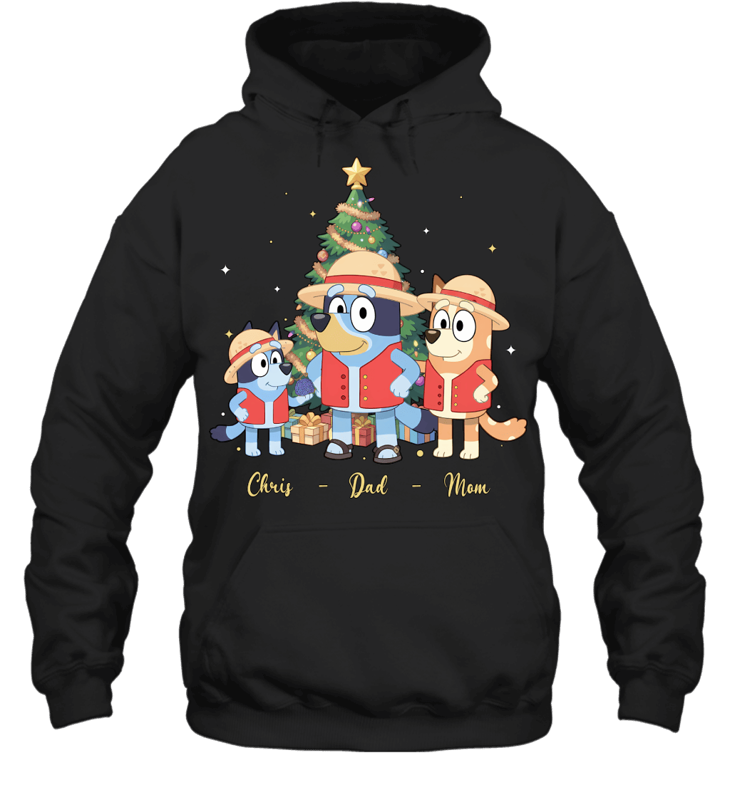 Bluey x Monkey D. Luffy Parents & Son Custom Name Christmas T-Shirt for Family