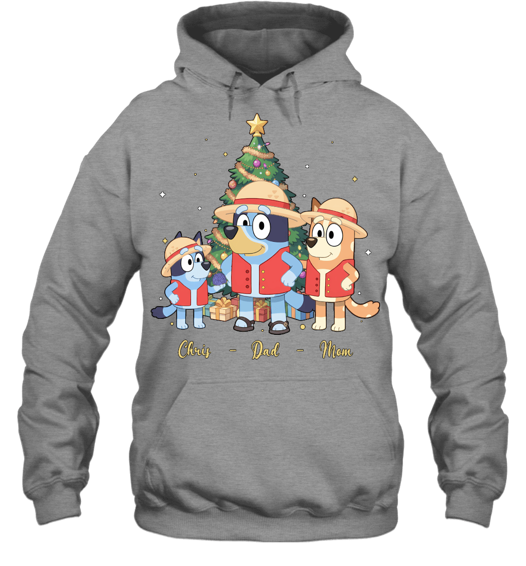 Bluey x Monkey D. Luffy Parents & Son Custom Name Christmas T-Shirt for Family