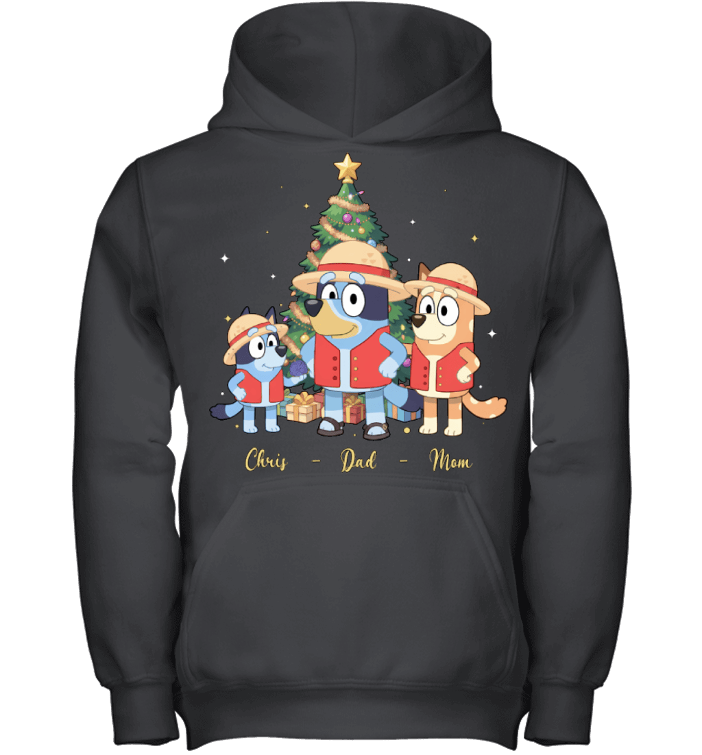 Bluey x Monkey D. Luffy Parents & Son Custom Name Christmas T-Shirt for Family
