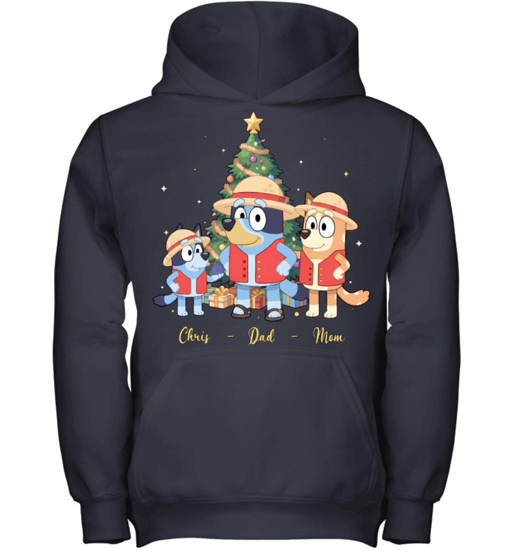 Bluey x Monkey D. Luffy Parents & Son Custom Name Christmas T-Shirt for Family