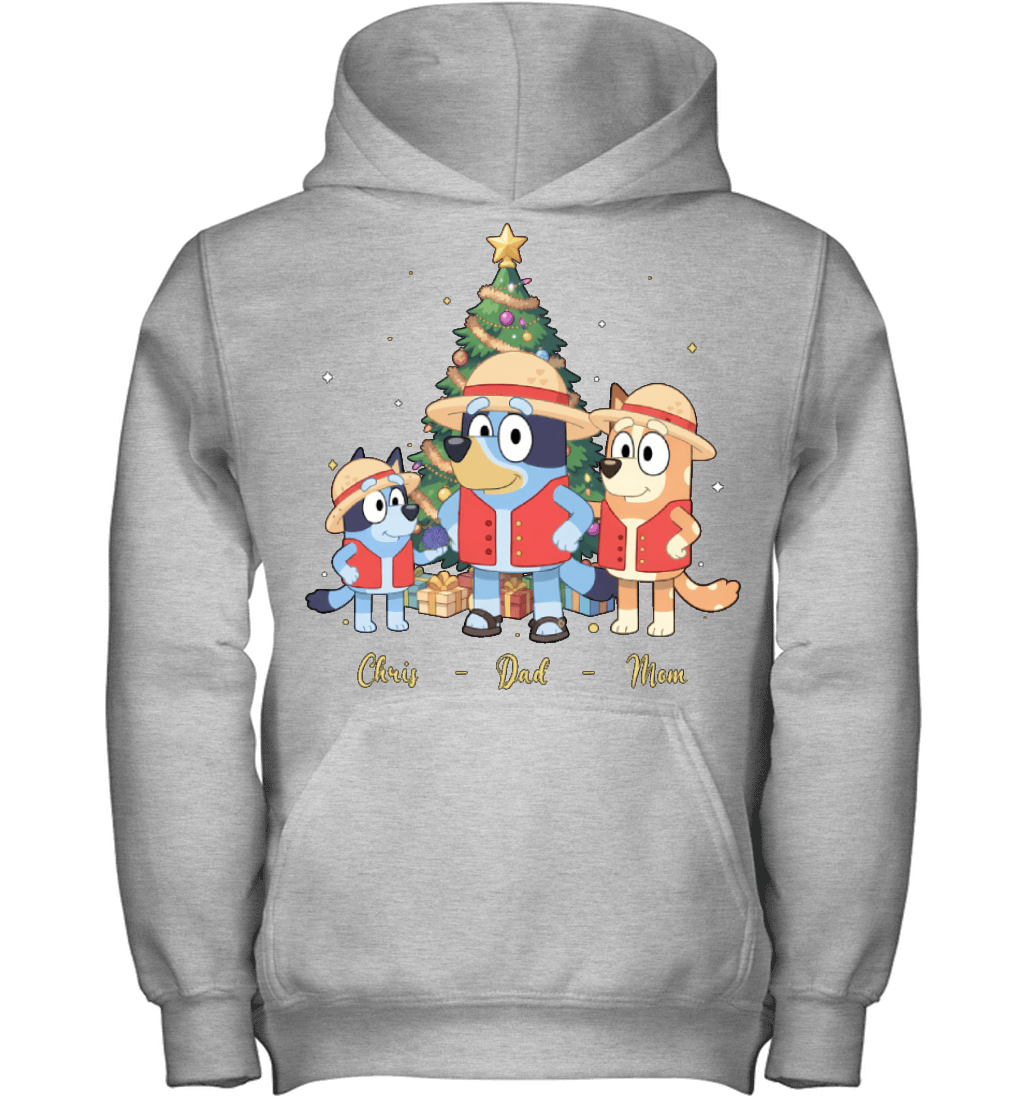 Bluey x Monkey D. Luffy Parents & Son Custom Name Christmas T-Shirt for Family