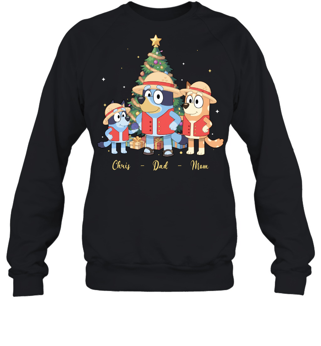 Bluey x Monkey D. Luffy Parents & Son Custom Name Christmas T-Shirt for Family