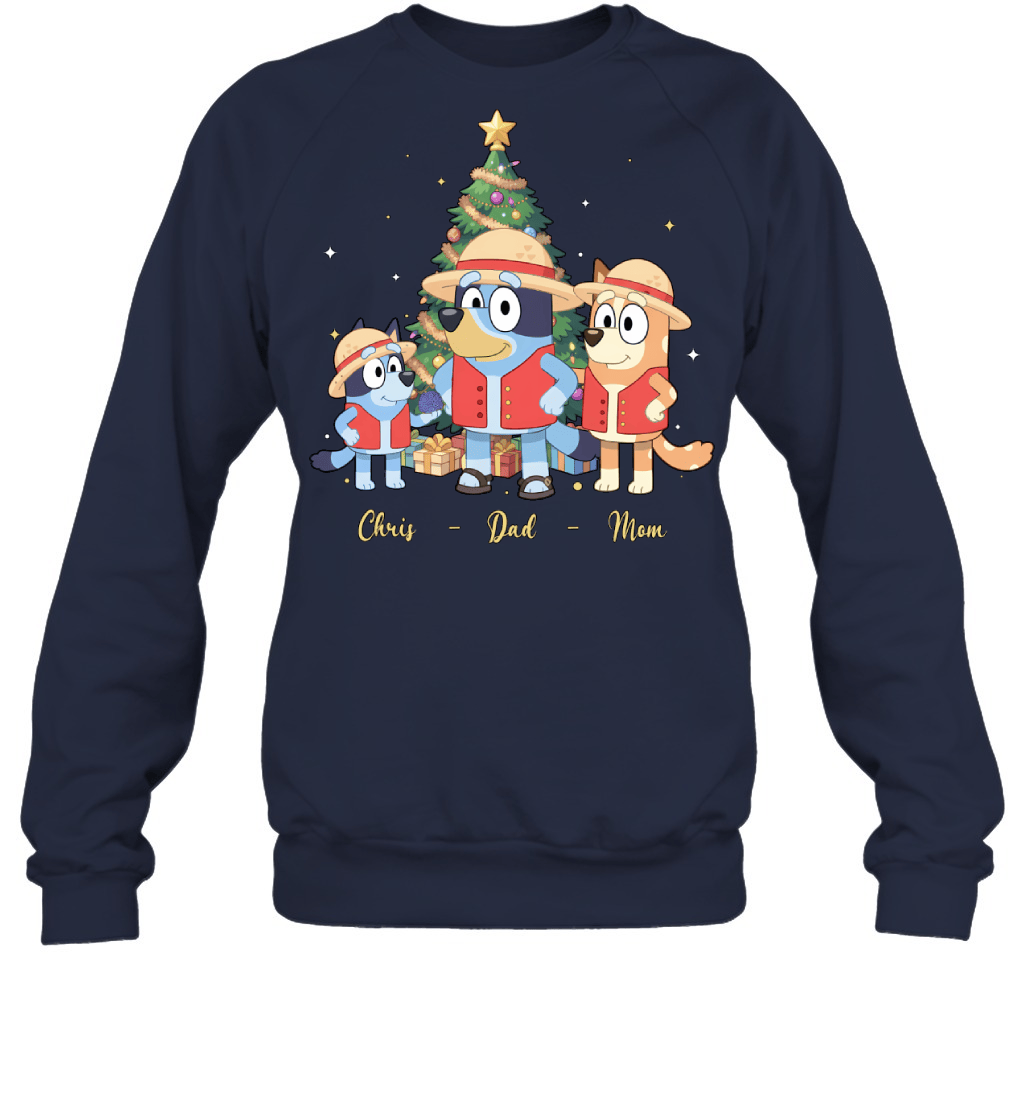 Bluey x Monkey D. Luffy Parents & Son Custom Name Christmas T-Shirt for Family