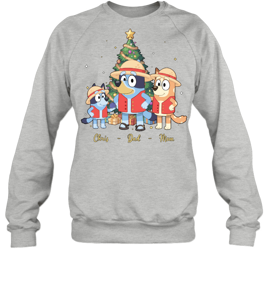 Bluey x Monkey D. Luffy Parents & Son Custom Name Christmas T-Shirt for Family