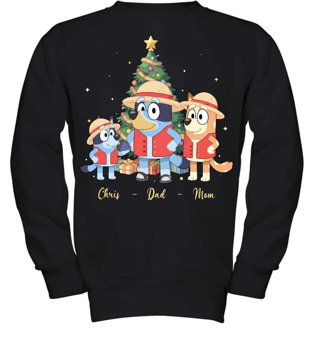 Bluey x Monkey D. Luffy Parents & Son Custom Name Christmas T-Shirt for Family