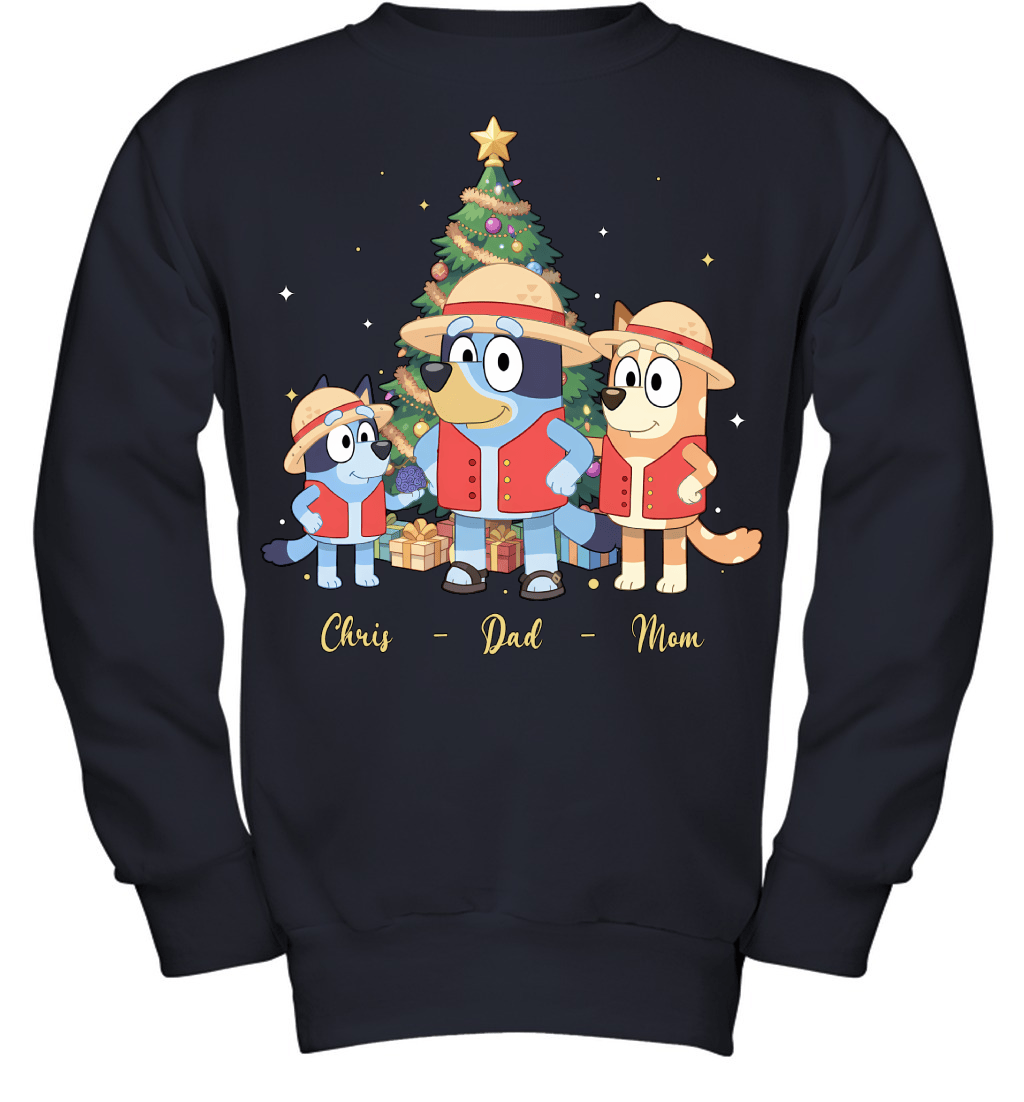 Bluey x Monkey D. Luffy Parents & Son Custom Name Christmas T-Shirt for Family