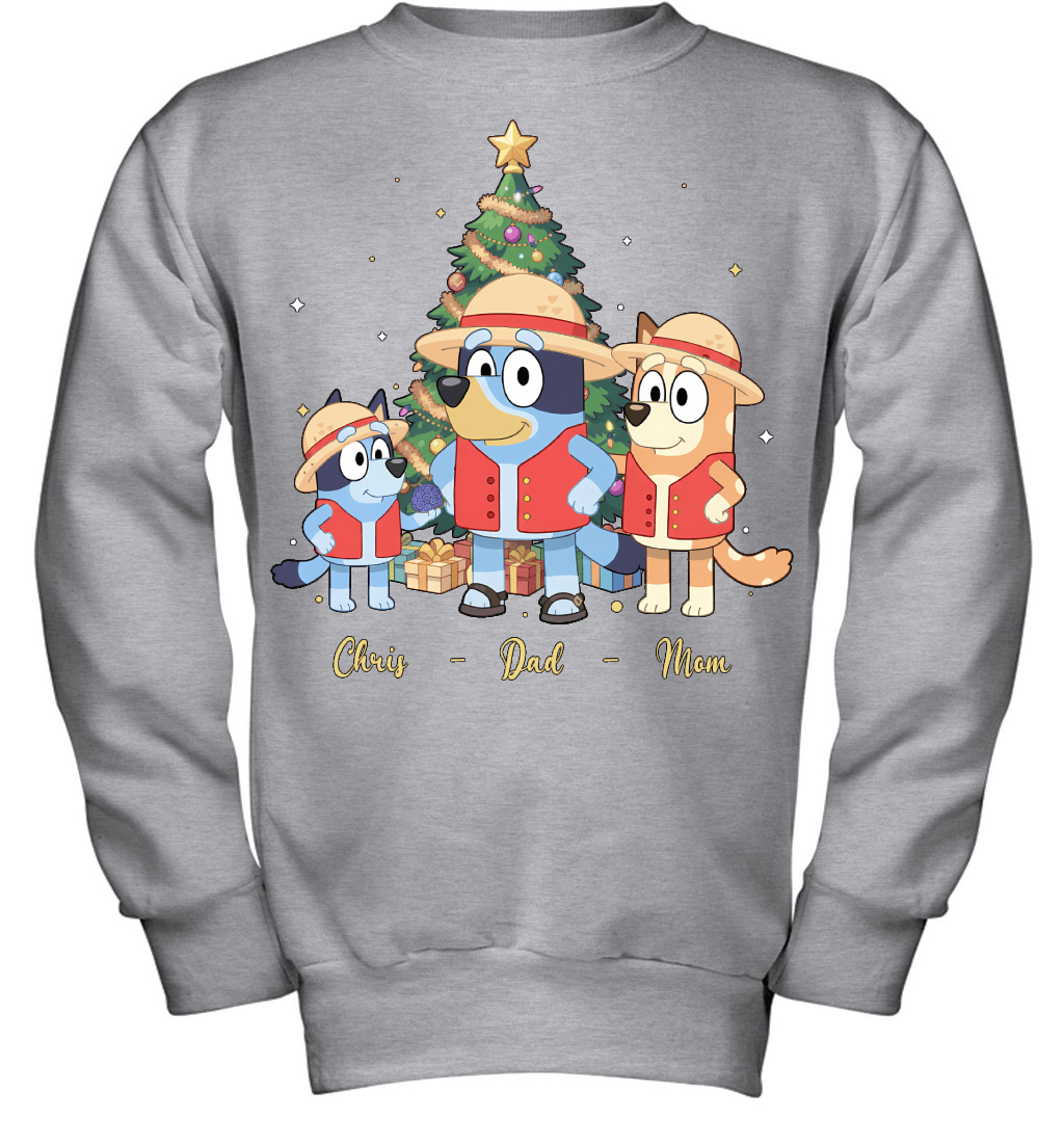 Bluey x Monkey D. Luffy Parents & Son Custom Name Christmas T-Shirt for Family