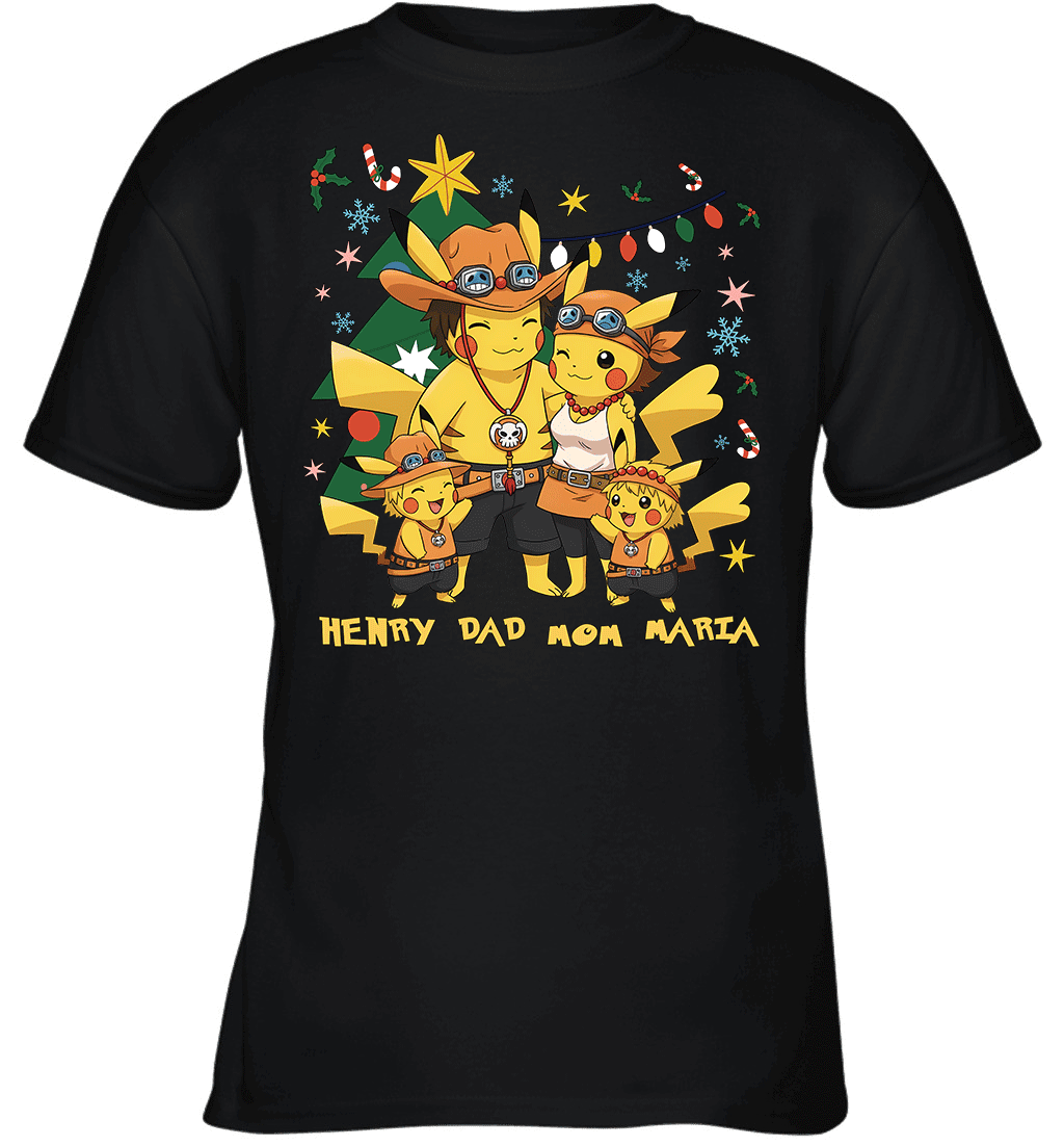 Pikachu x Portgas D. Ace Christmas Family Parents With Son And Daughter Graphic T-shirt