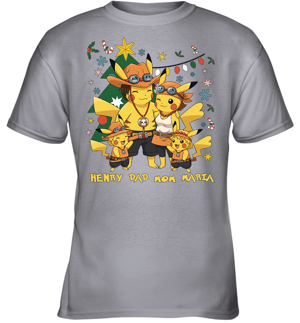 Pikachu x Portgas D. Ace Christmas Family Parents With Son And Daughter Graphic T-shirt
