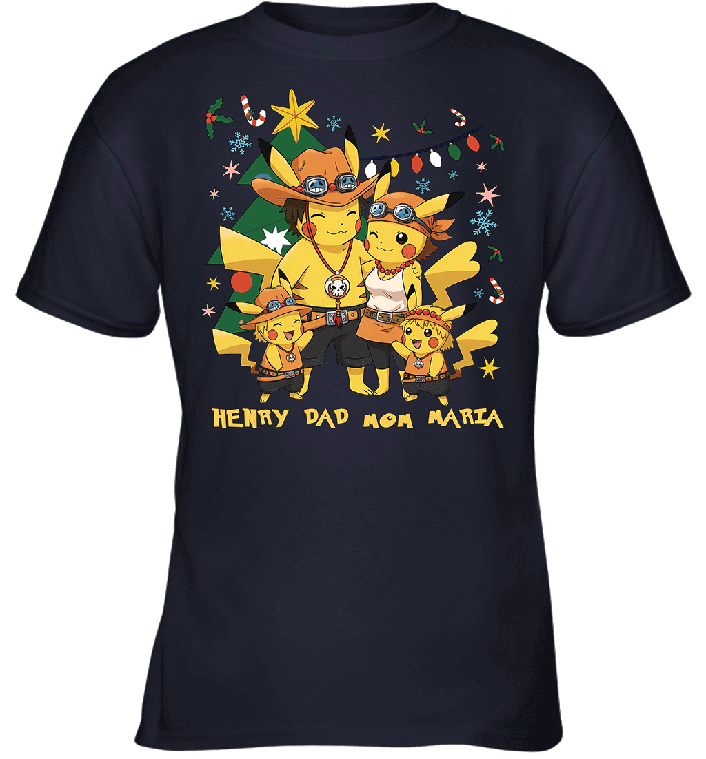 Pikachu x Portgas D. Ace Christmas Family Parents With Son And Daughter Graphic T-shirt