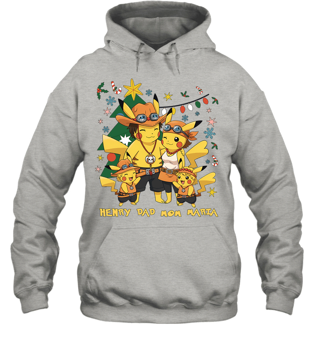 Pikachu x Portgas D. Ace Christmas Family Parents With Son And Daughter Graphic T-shirt