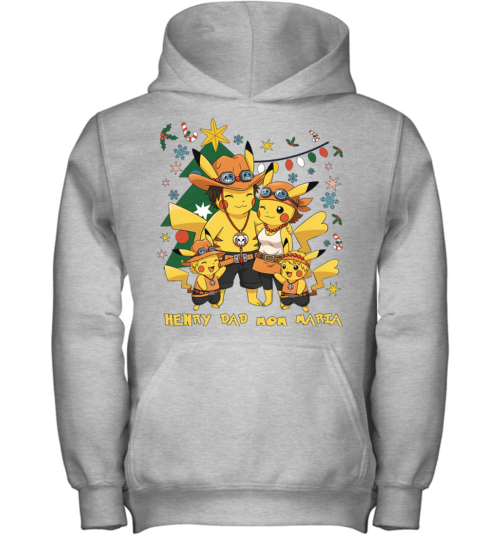 Pikachu x Portgas D. Ace Christmas Family Parents With Son And Daughter Graphic T-shirt