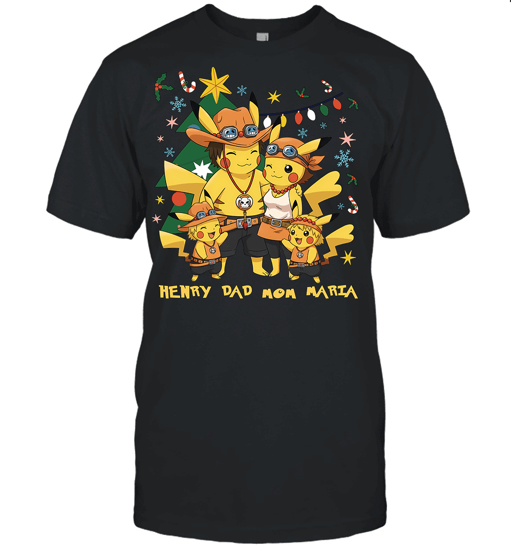 Pikachu x Portgas D. Ace Christmas Family Parents With Son And Daughter Graphic T-shirt