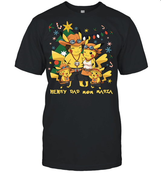 Pikachu x Portgas D. Ace Christmas Family Parents With Son And Daughter Graphic T-shirt