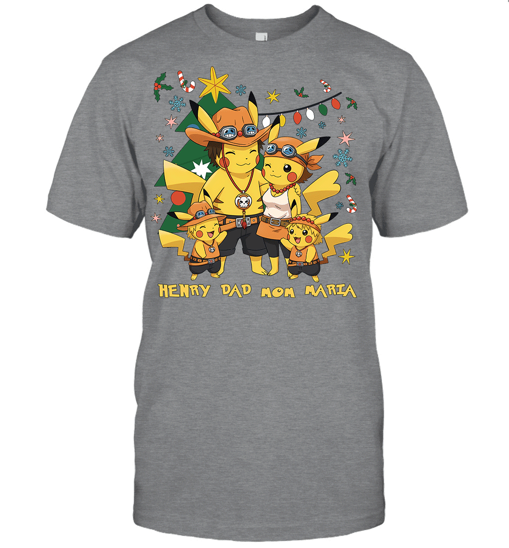 Pikachu x Portgas D. Ace Christmas Family Parents With Son And Daughter Graphic T-shirt