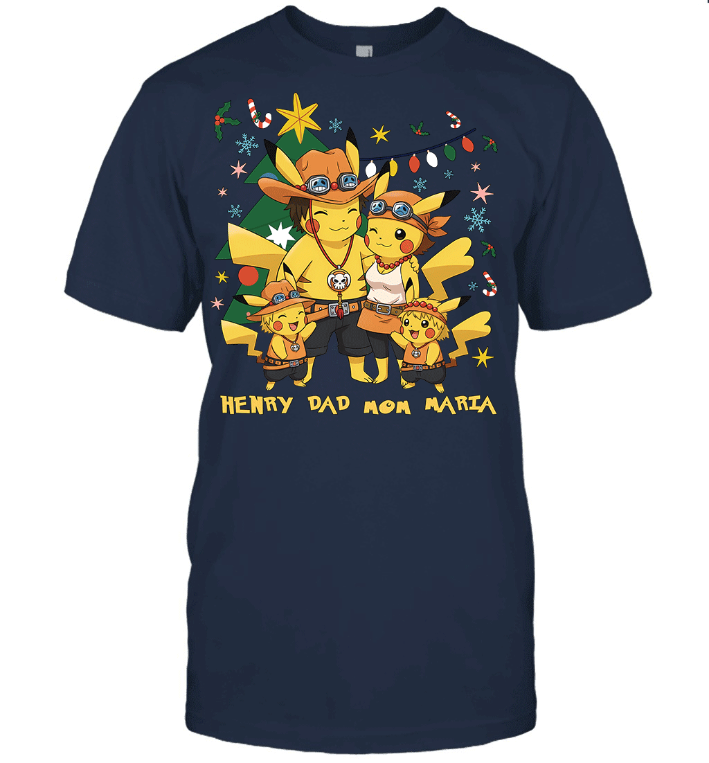 Pikachu x Portgas D. Ace Christmas Family Parents With Son And Daughter Graphic T-shirt