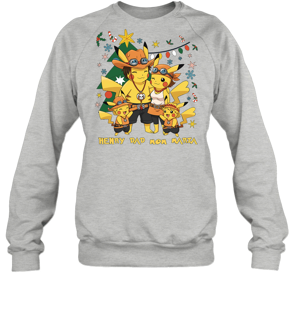 Pikachu x Portgas D. Ace Christmas Family Parents With Son And Daughter Graphic T-shirt