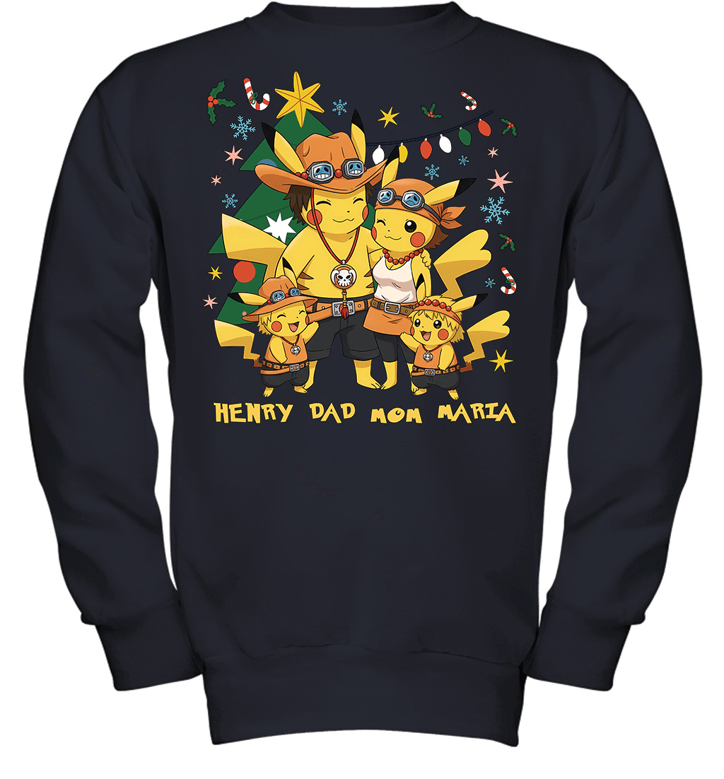 Pikachu x Portgas D. Ace Christmas Family Parents With Son And Daughter Graphic T-shirt