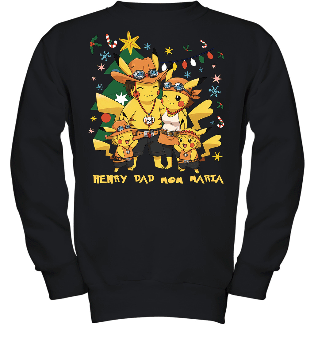 Pikachu x Portgas D. Ace Christmas Family Parents With Son And Daughter Graphic T-shirt