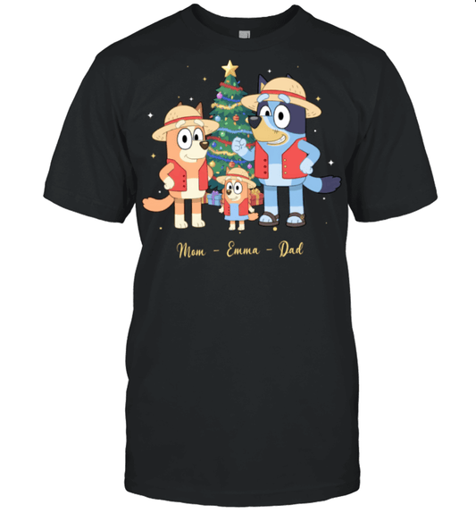 Bluey x Monkey D. Luffy Parents & Son Custom Name Christmas T-Shirt for Family