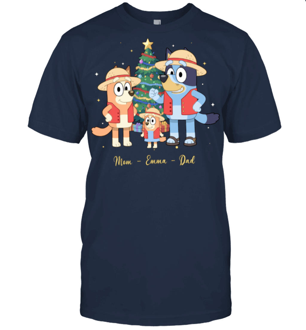 Bluey x Monkey D. Luffy Parents & Son Custom Name Christmas T-Shirt for Family