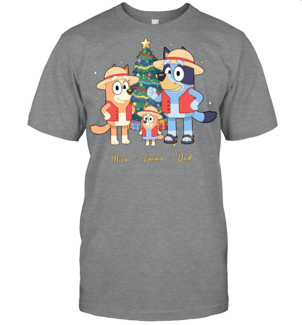 Bluey x Monkey D. Luffy Parents & Son Custom Name Christmas T-Shirt for Family