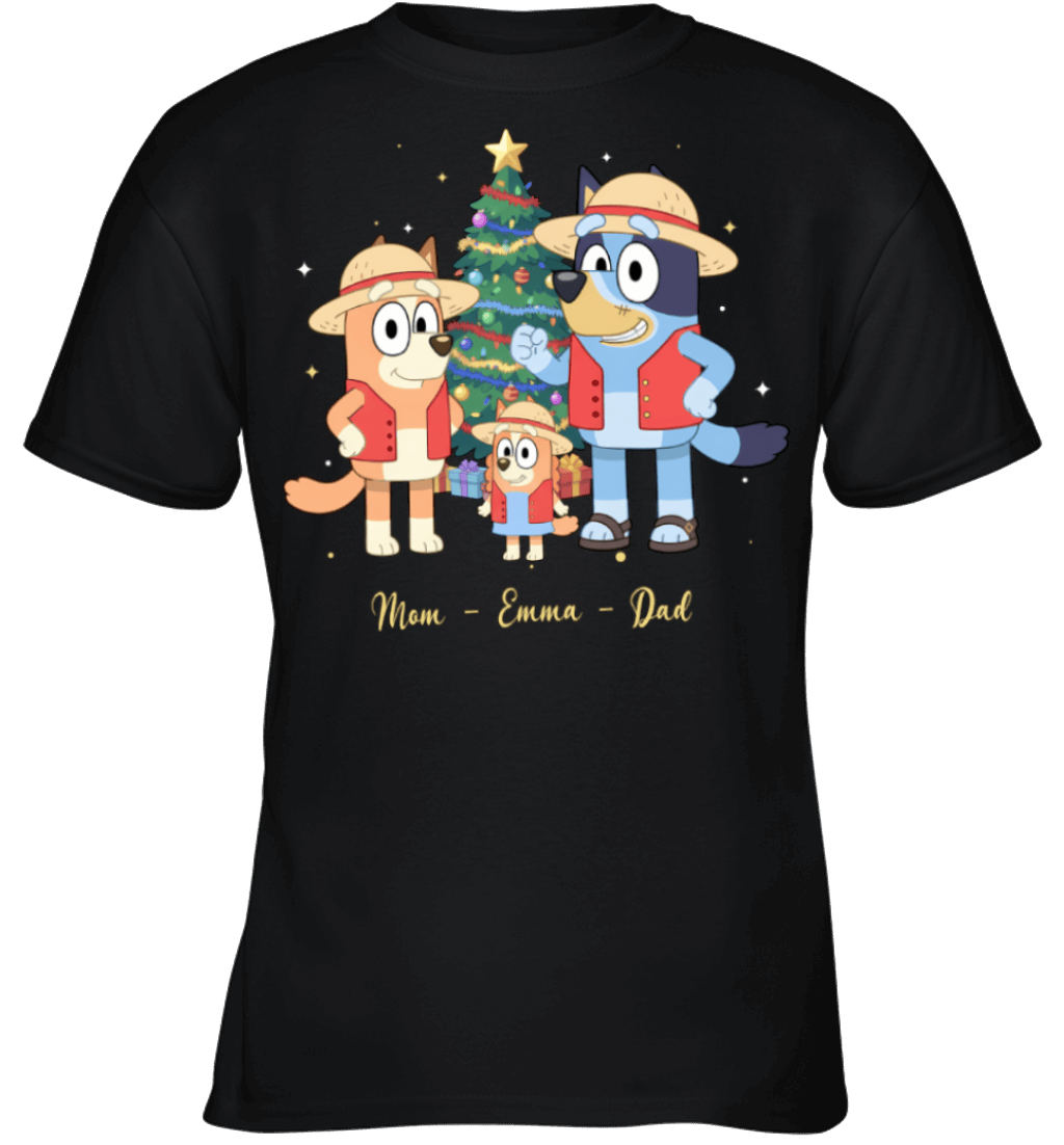 Bluey x Monkey D. Luffy Parents & Son Custom Name Christmas T-Shirt for Family