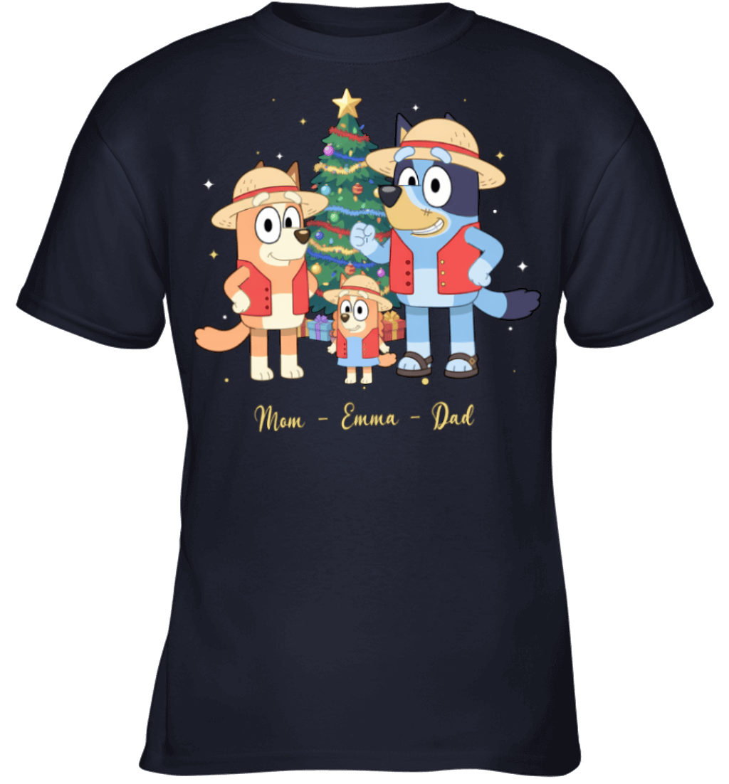 Bluey x Monkey D. Luffy Parents & Son Custom Name Christmas T-Shirt for Family