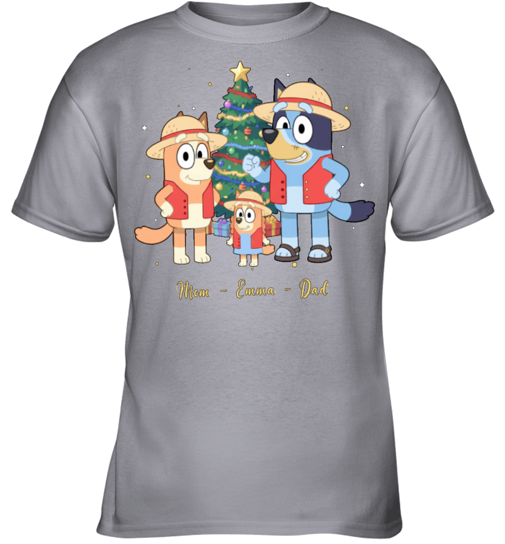 Bluey x Monkey D. Luffy Parents & Son Custom Name Christmas T-Shirt for Family