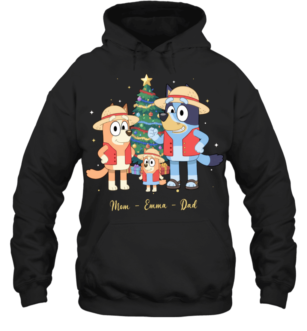 Bluey x Monkey D. Luffy Parents & Son Custom Name Christmas T-Shirt for Family