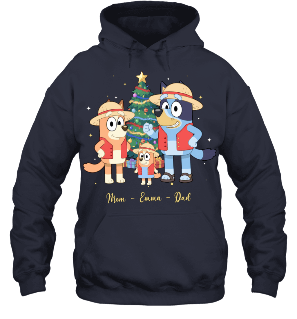Bluey x Monkey D. Luffy Parents & Son Custom Name Christmas T-Shirt for Family