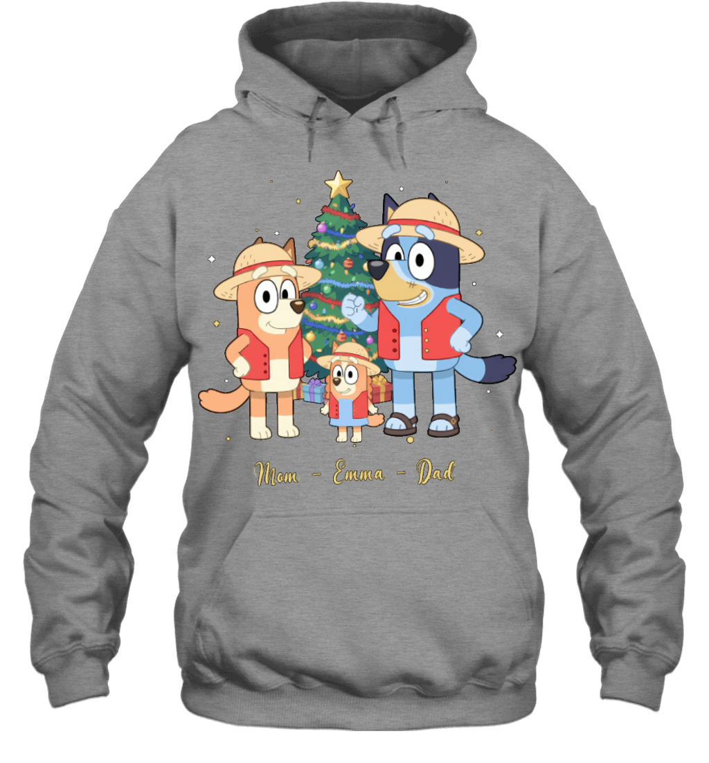 Bluey x Monkey D. Luffy Parents & Son Custom Name Christmas T-Shirt for Family