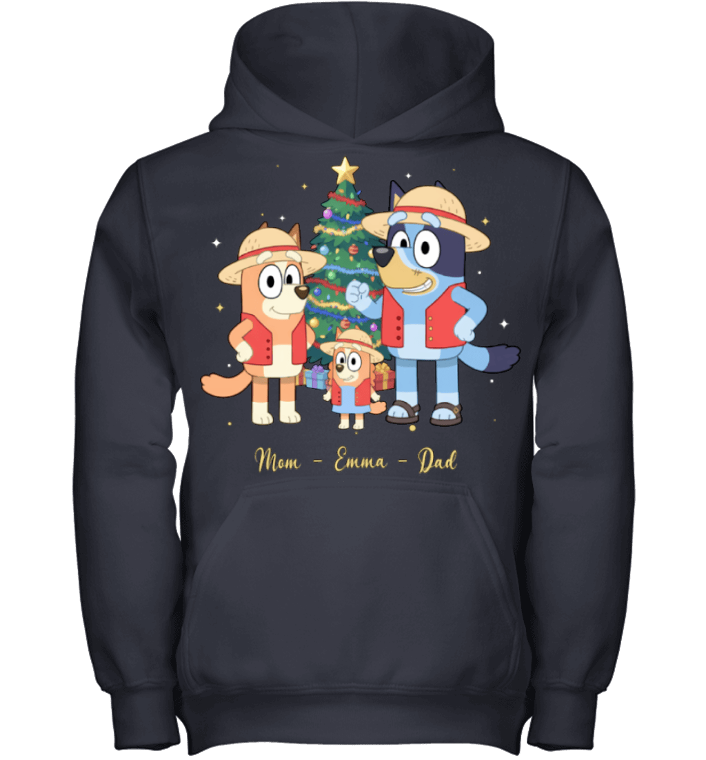 Bluey x Monkey D. Luffy Parents & Son Custom Name Christmas T-Shirt for Family