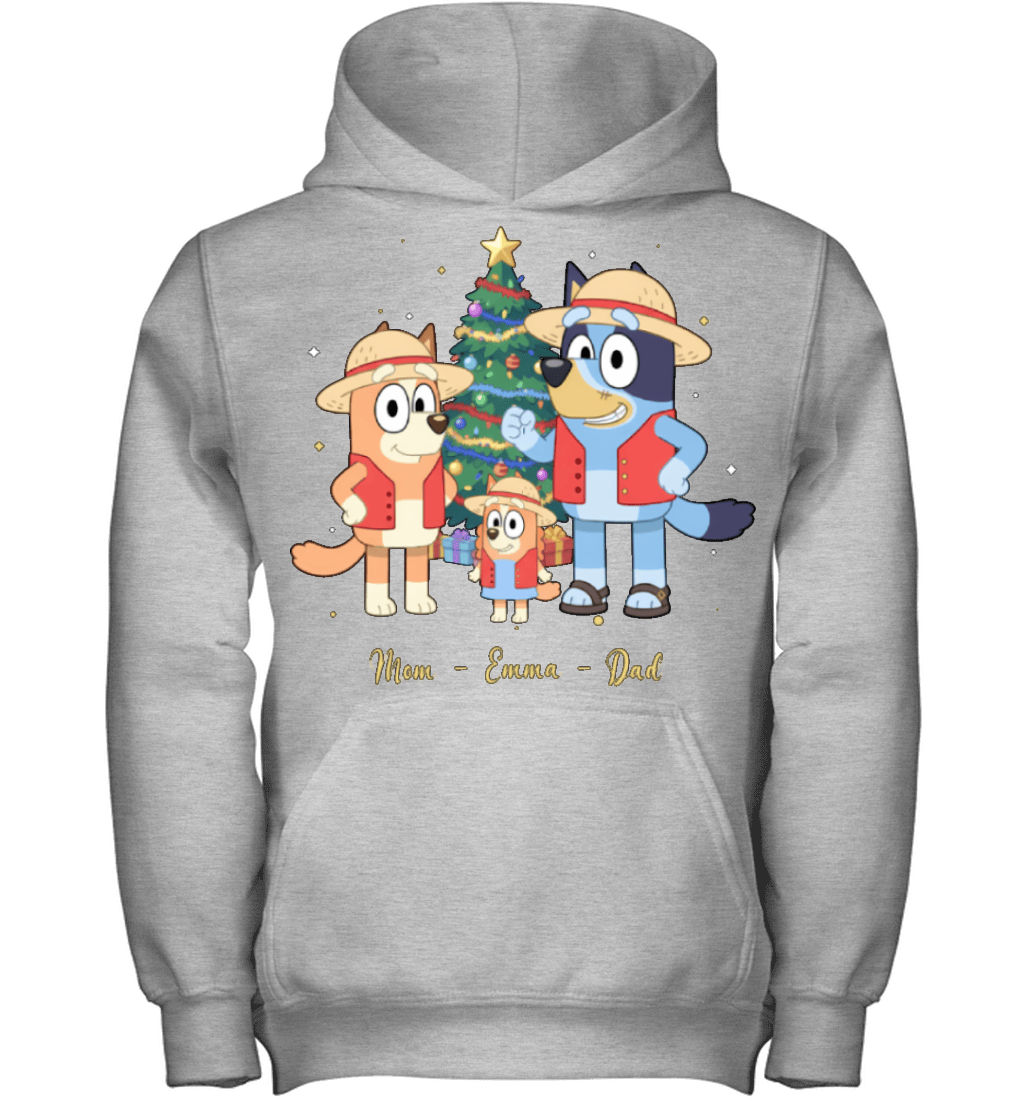 Bluey x Monkey D. Luffy Parents & Son Custom Name Christmas T-Shirt for Family