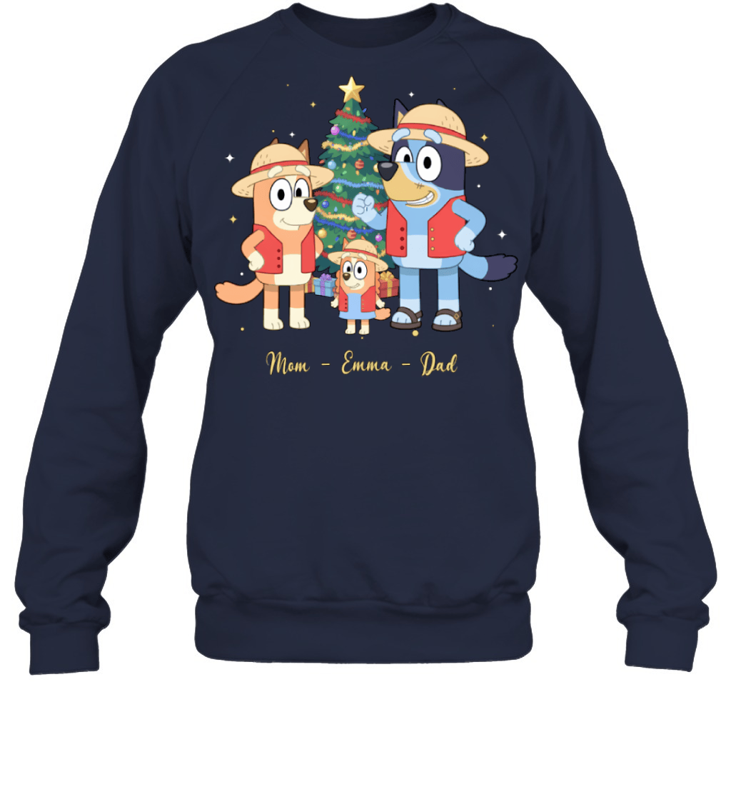 Bluey x Monkey D. Luffy Parents & Son Custom Name Christmas T-Shirt for Family
