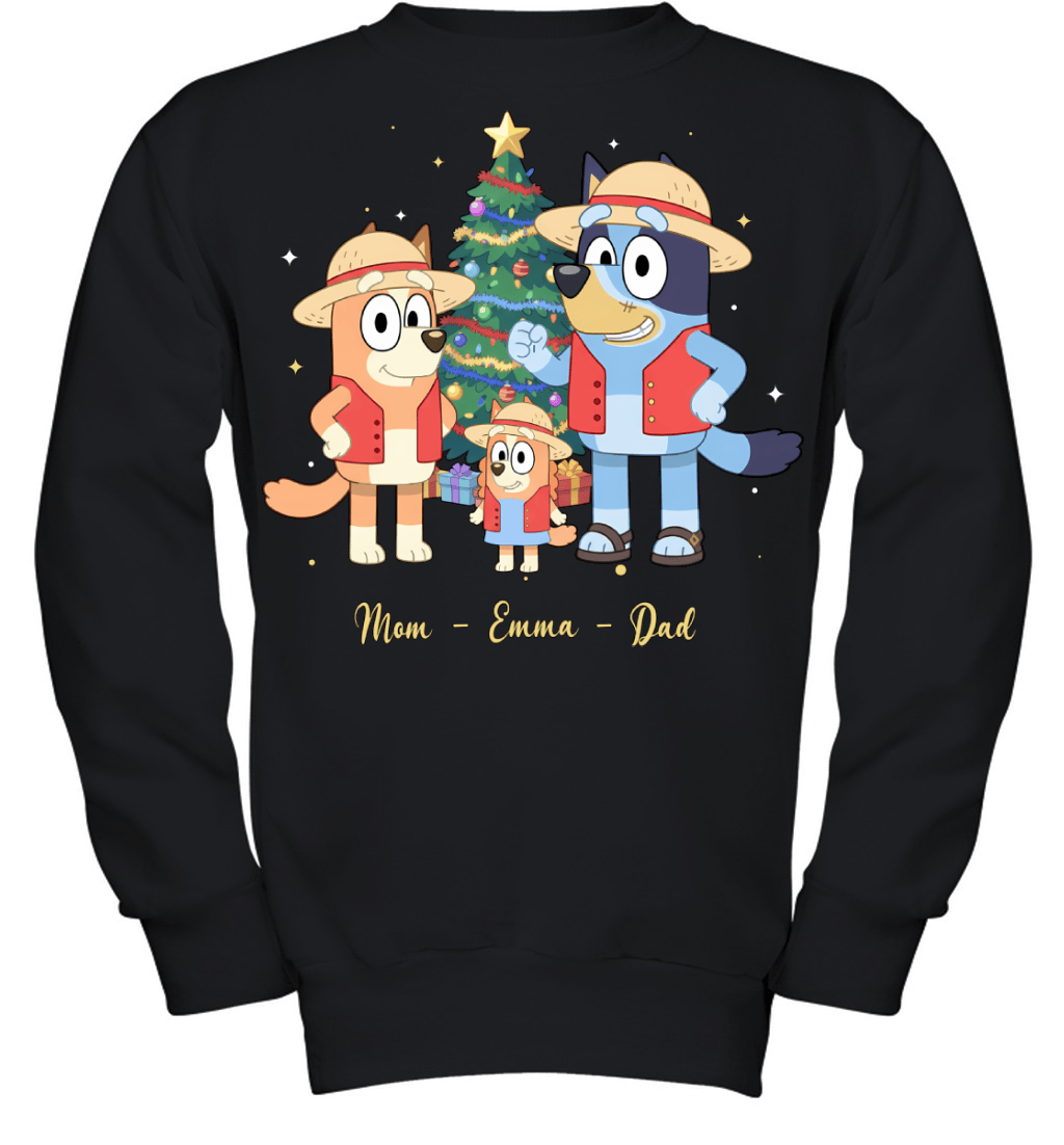 Bluey x Monkey D. Luffy Parents & Son Custom Name Christmas T-Shirt for Family