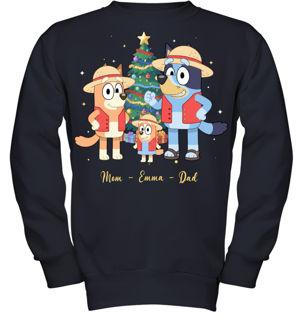 Bluey x Monkey D. Luffy Parents & Son Custom Name Christmas T-Shirt for Family