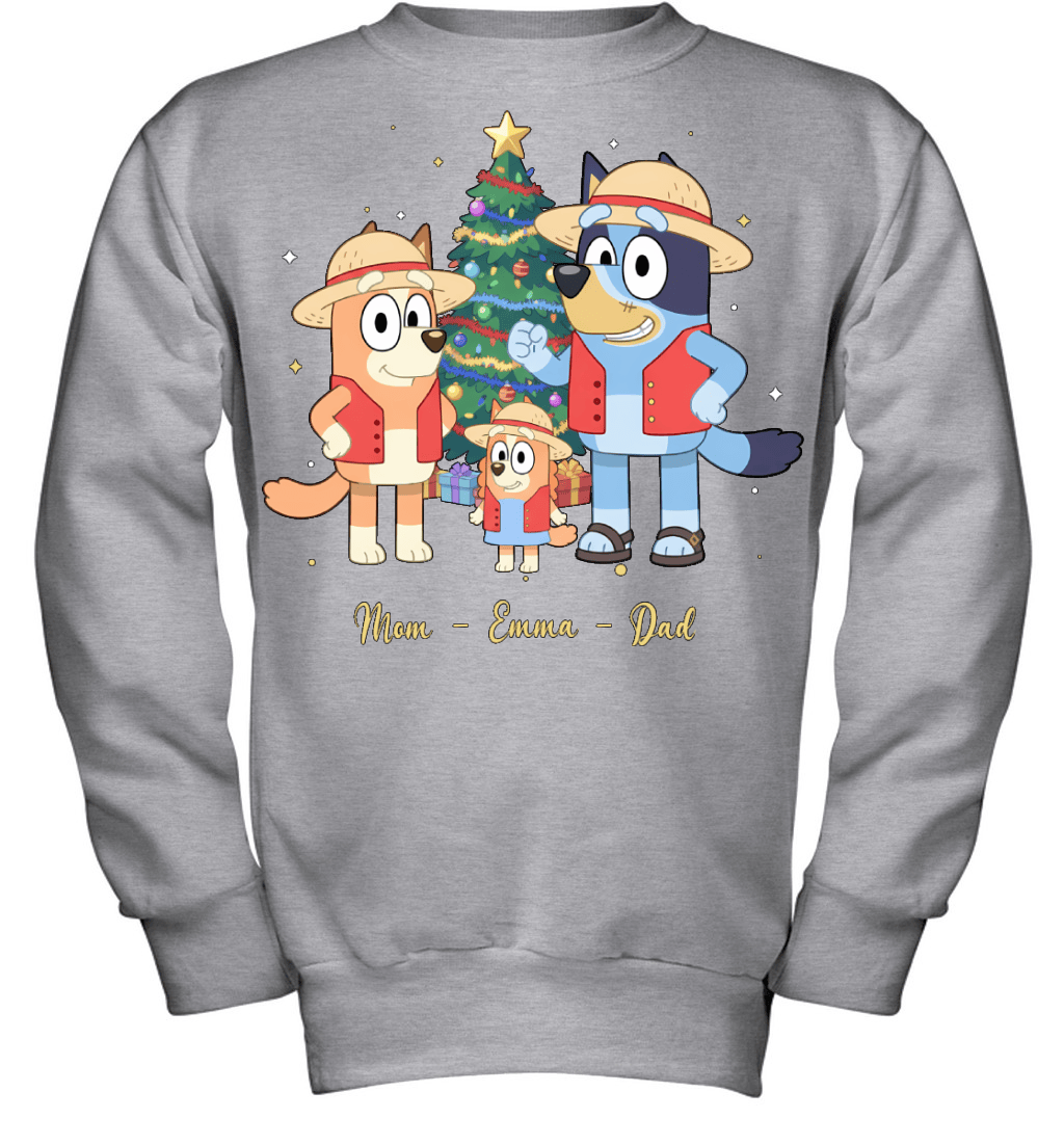 Bluey x Monkey D. Luffy Parents & Son Custom Name Christmas T-Shirt for Family