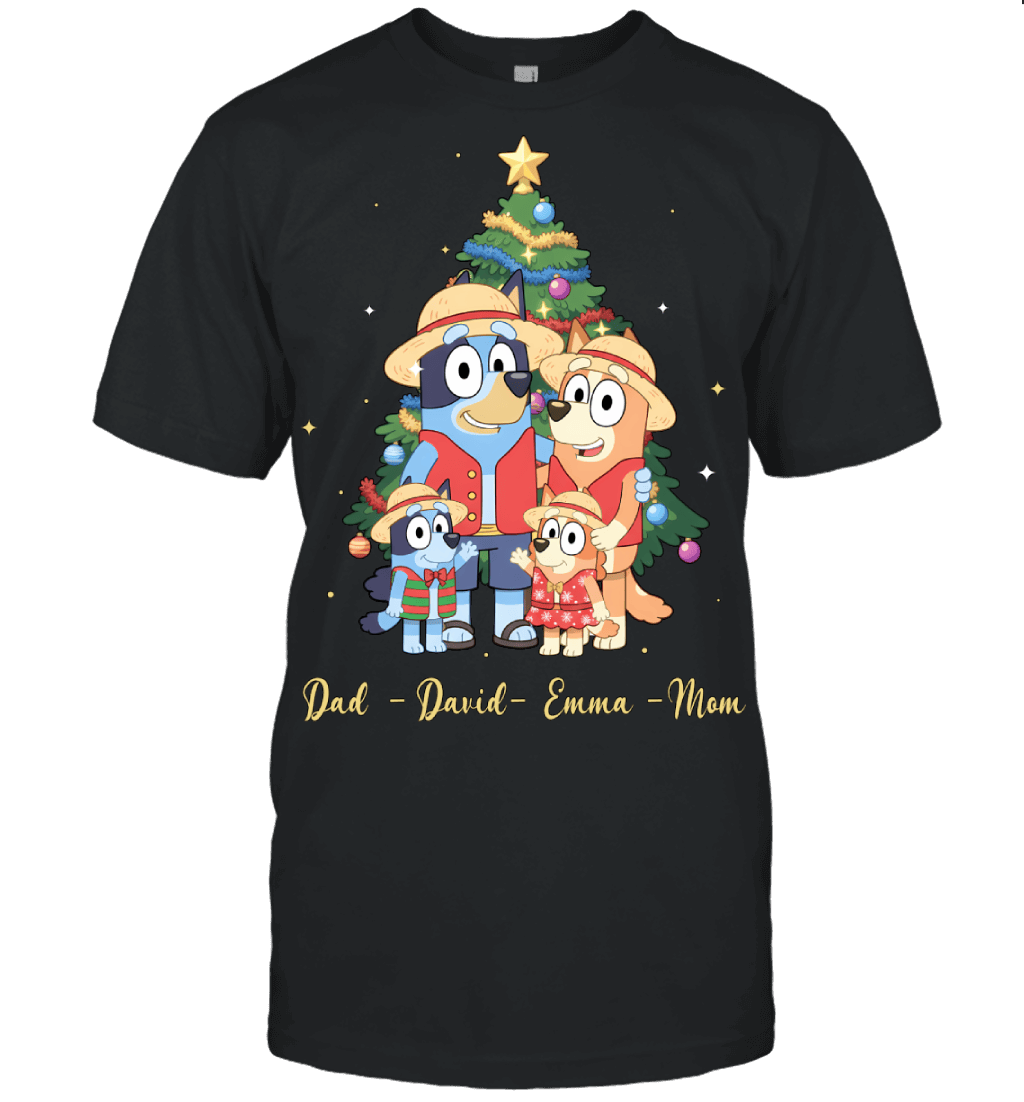 Bluey x Monkey D. Luffy Parents & Kids Custom Name Christmas T-Shirt for Family