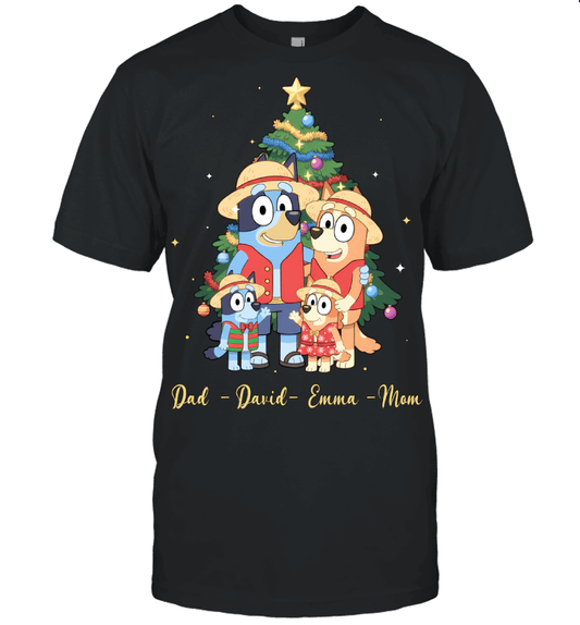 Bluey x Monkey D. Luffy Parents & Kids Custom Name Christmas T-Shirt for Family