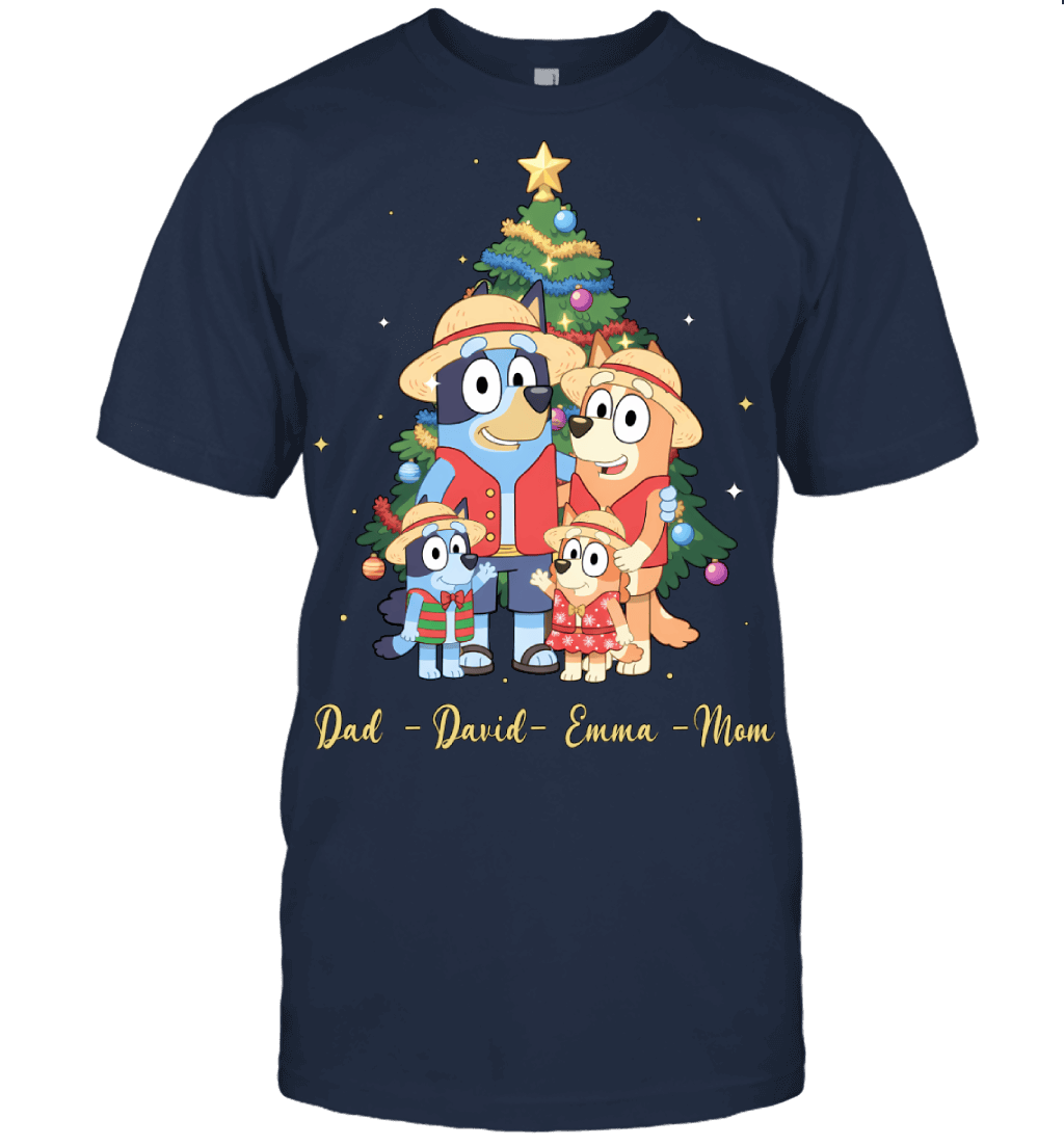 Bluey x Monkey D. Luffy Parents & Kids Custom Name Christmas T-Shirt for Family