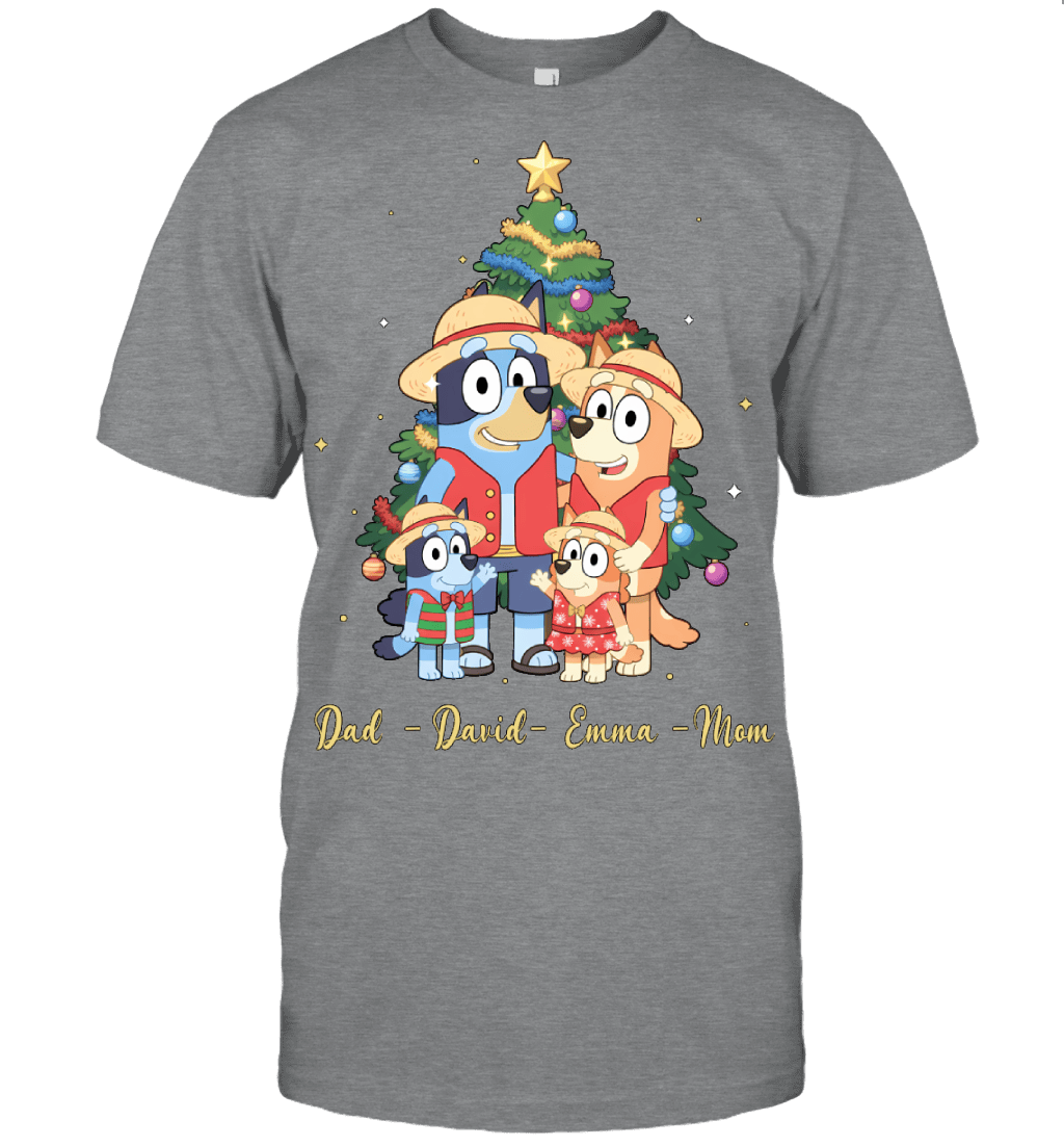 Bluey x Monkey D. Luffy Parents & Kids Custom Name Christmas T-Shirt for Family