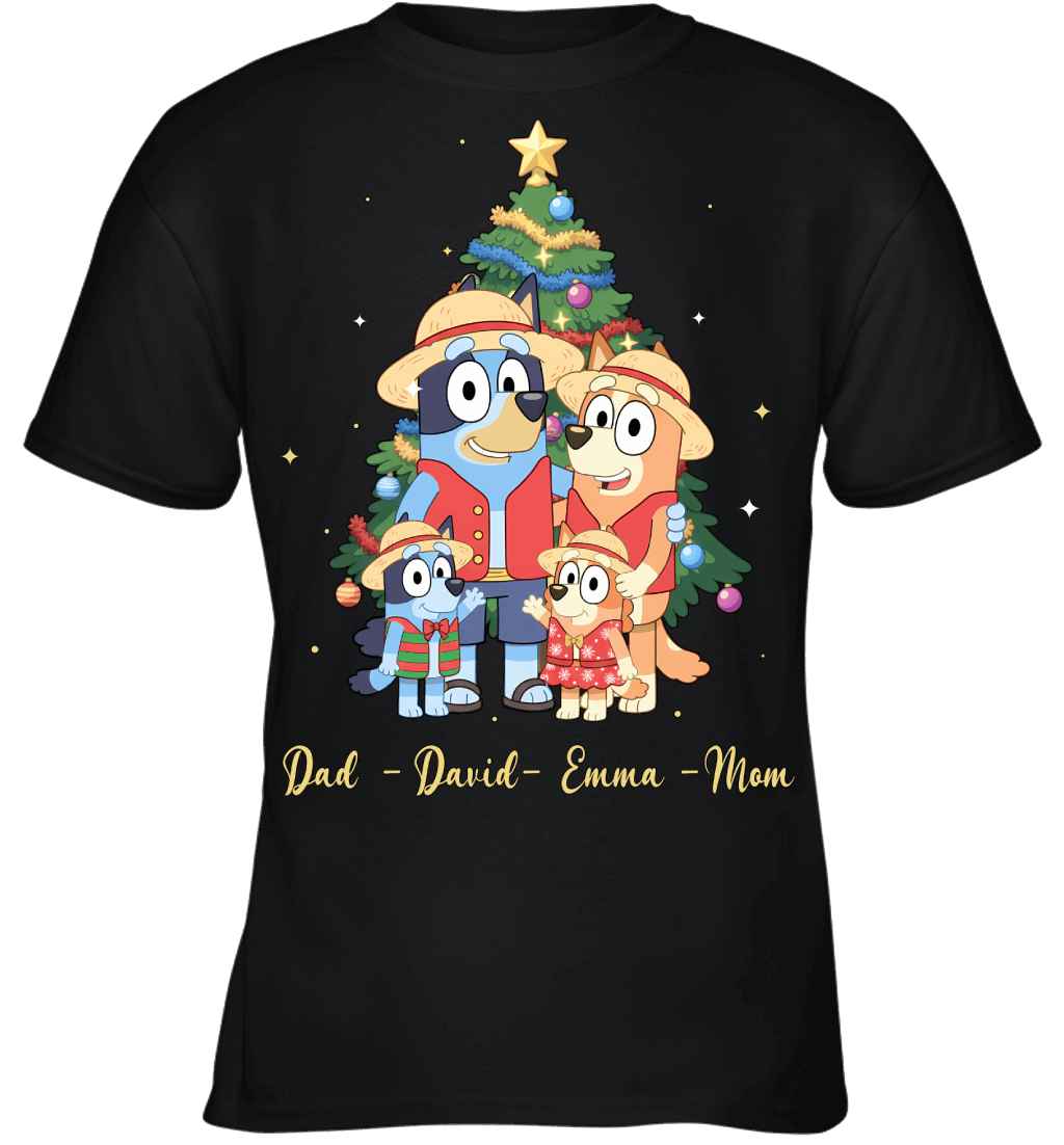Bluey x Monkey D. Luffy Parents & Kids Custom Name Christmas T-Shirt for Family