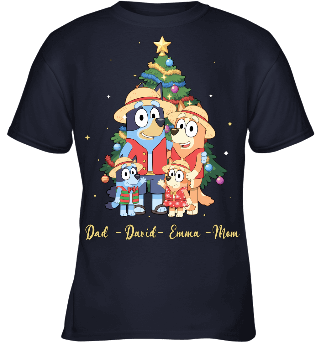 Bluey x Monkey D. Luffy Parents & Kids Custom Name Christmas T-Shirt for Family
