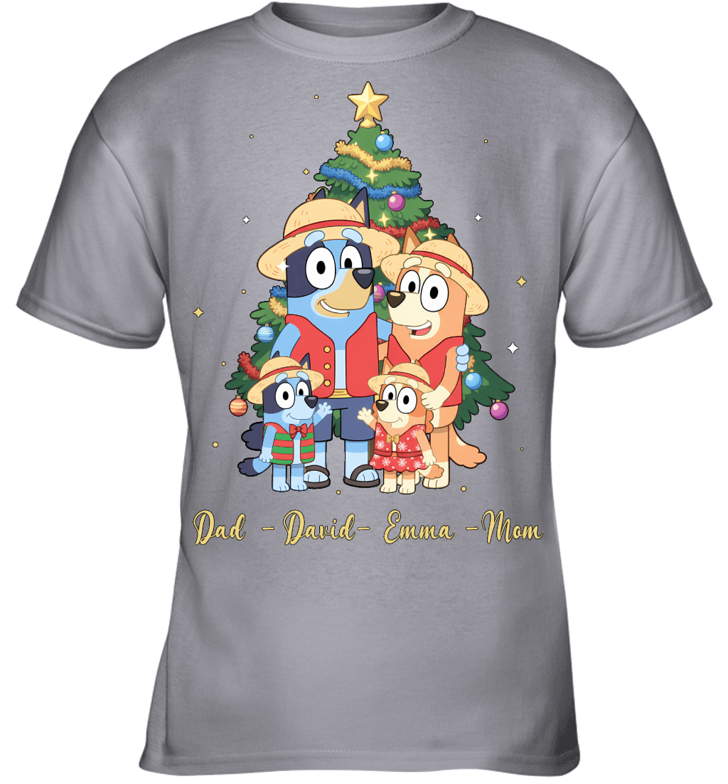 Bluey x Monkey D. Luffy Parents & Kids Custom Name Christmas T-Shirt for Family