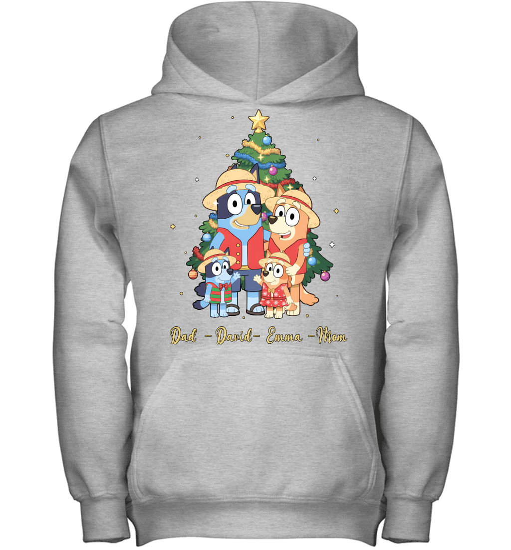 Bluey x Monkey D. Luffy Parents & Kids Custom Name Christmas T-Shirt for Family