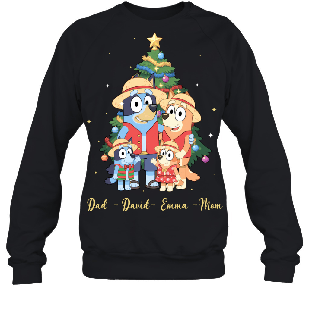 Bluey x Monkey D. Luffy Parents & Kids Custom Name Christmas T-Shirt for Family