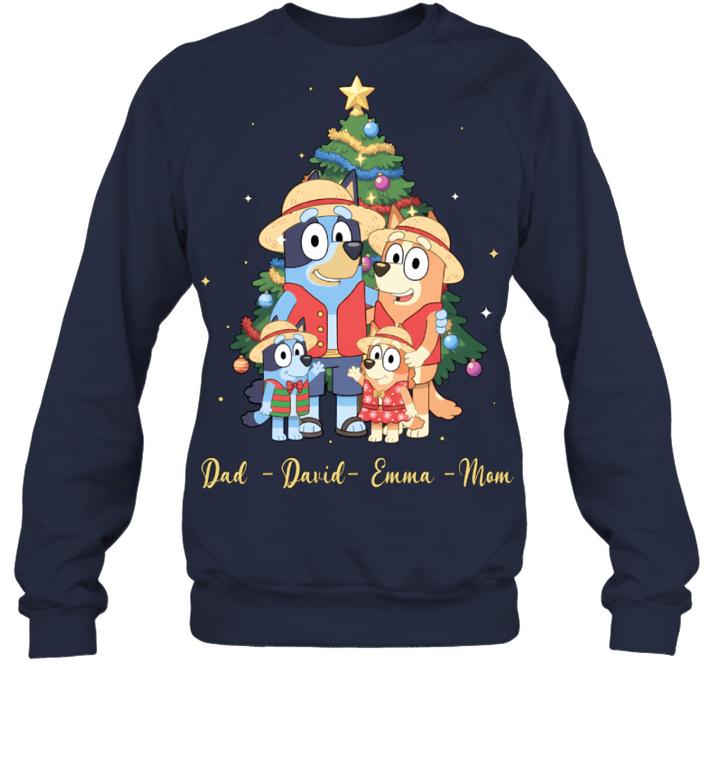 Bluey x Monkey D. Luffy Parents & Kids Custom Name Christmas T-Shirt for Family