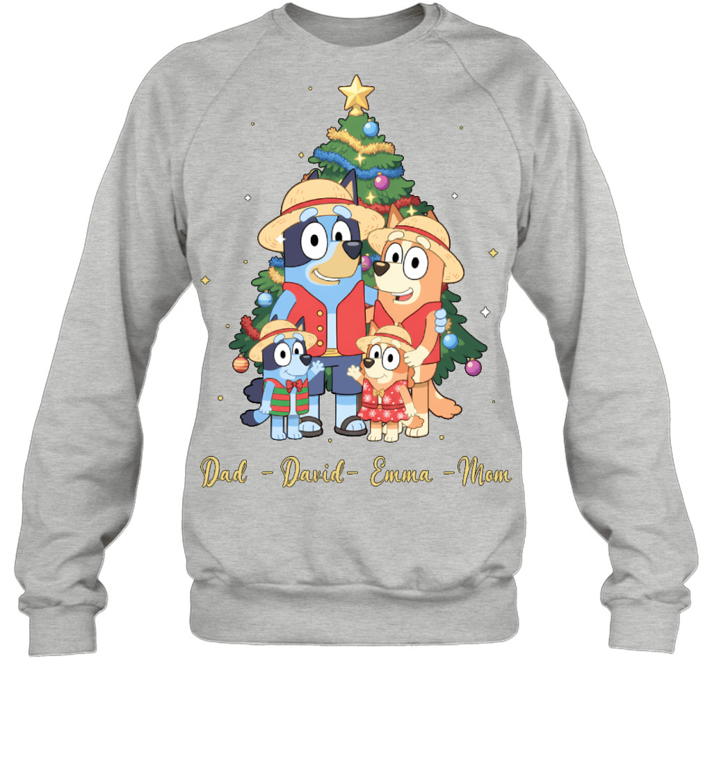 Bluey x Monkey D. Luffy Parents & Kids Custom Name Christmas T-Shirt for Family