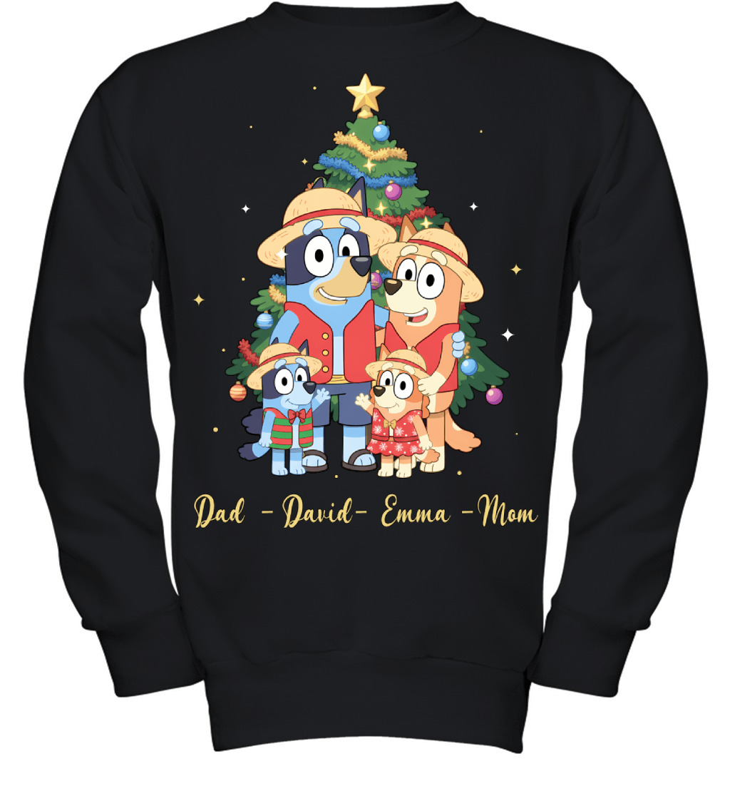 Bluey x Monkey D. Luffy Parents & Kids Custom Name Christmas T-Shirt for Family